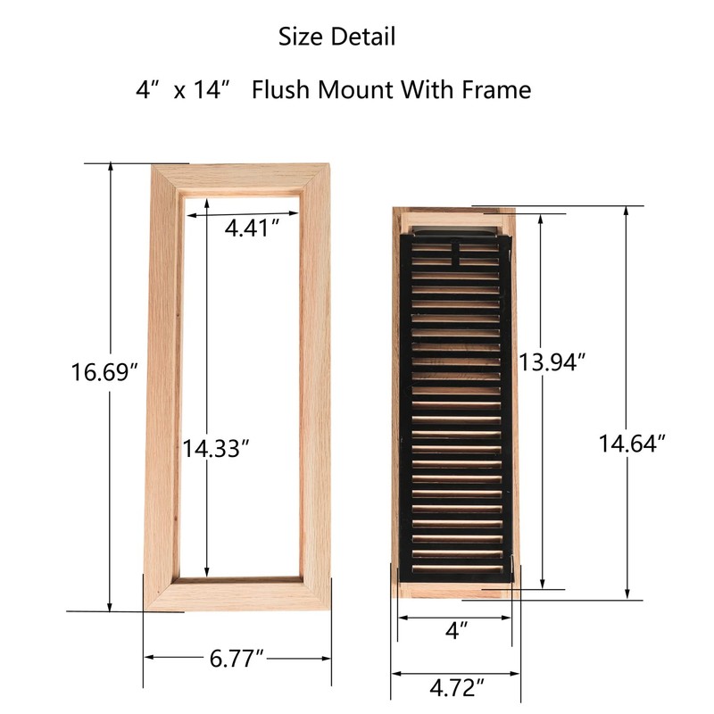 Hardwood White Oak Floor Register, Flush Mount with Frame, 4x14
