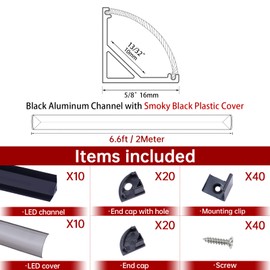 Muzata 10Pack 6.6FT/2M V-Shape LED Channel System with Transparent Smoky Black Cover Lens, Black Aluminum Extrusion Profile Housing Tape Lights V1SW BB 2M