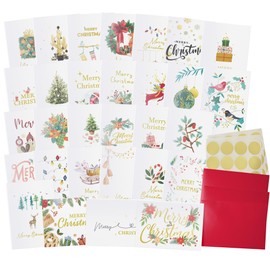 Dessie 30 Unique Gold Foil Christmas Cards with Red Envelopes and Gold Sealing Stickers. Short Greetings Inside. Bulk Christmas and Happy Holiday Greeting Cards Set.