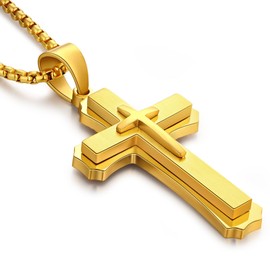 Men Cross Necklace Large Cross Necklace for Men Stainless Steel Cross Pendant Necklace Large Jesus Christ Cross Necklace 316L Stainless Steel Heavy Gold Plated Cross Necklace for Men Chain 24" ZDaoBen