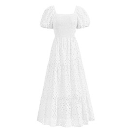PRETTYGARDEN Summer Dresses for Women 2025 Eyelet Square Neck Puff Sleeve Smocked Wedding Guest Maxi Dress with Pockets (White,Medium)