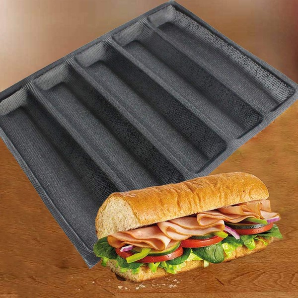 FETESUR Silicone Perforated Baking Forms Sandwich Mold French Baguette Bread Pan Food Mat 5 Loaf Non-Stick Baking Liners