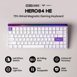 MechLands Aula Hero84 HE Wired Magnetic Gaming Keyboard, Rapid Hall Effect Keyboard with 0.01mm Adjustable Actuation, 8kHz Polling, 5-Layer Sound Dampening, RGB Lightbox & Backlit (White Purple)