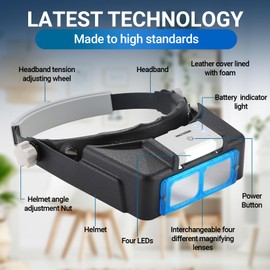 YOCTOSUN Headband Magnifying Glass with 4 LED Lights, 4 Lenses and Storage Case，Magnifying Glasses for Close Work, Hands Free Head Magnifying Visor for Jewelers, Crafts, Hobby