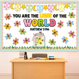 Christian Religious Bulletin Board Let Your Light Shine Bible Verse Bulletin Board Decorations Mason Jar Cutouts Firefly Name Tags for Sunday School Church Back to School Chalkboard Door Supplies
