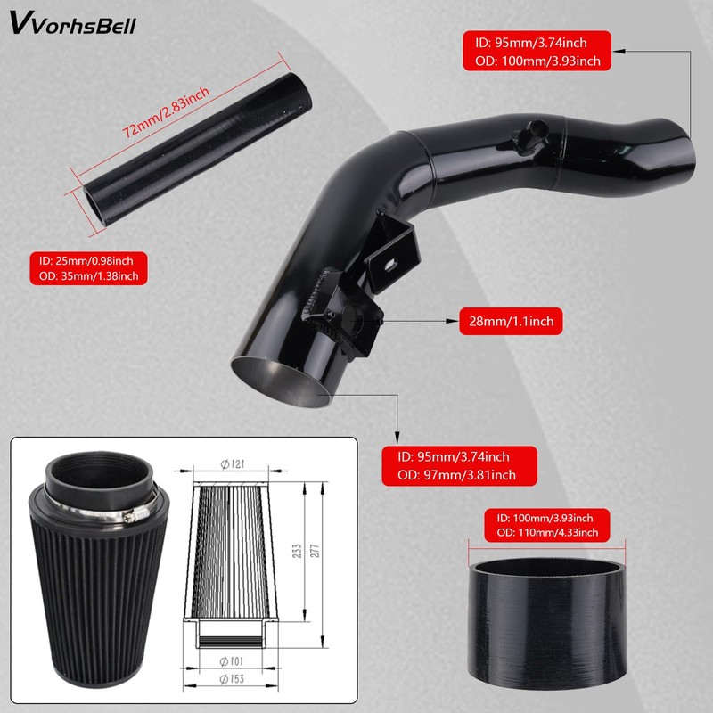 VVORHSBELL Cold Air Intake Kit，4″Cold Air Intake Pipe Kit with