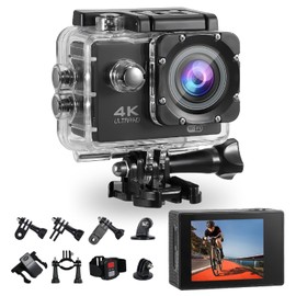Camara de Accion, Camara para Moto 4K30FPS, Camara Deportiva 16M con EIS, Batera de 1350 mAh, Gran Angular de 170, WiFi Remoto, 2 Pantalla, Cmara de  