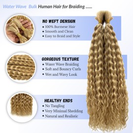 Human Braiding Hair Deep Water Wave Bulk Human Hair for Boho Braids #24 Honey Blonde Curly Hair Bundles 100% Burmese Human Hair for Braiding No Weft Bundles Wet and Wavy Braiding Hair 100g 2 Bundle