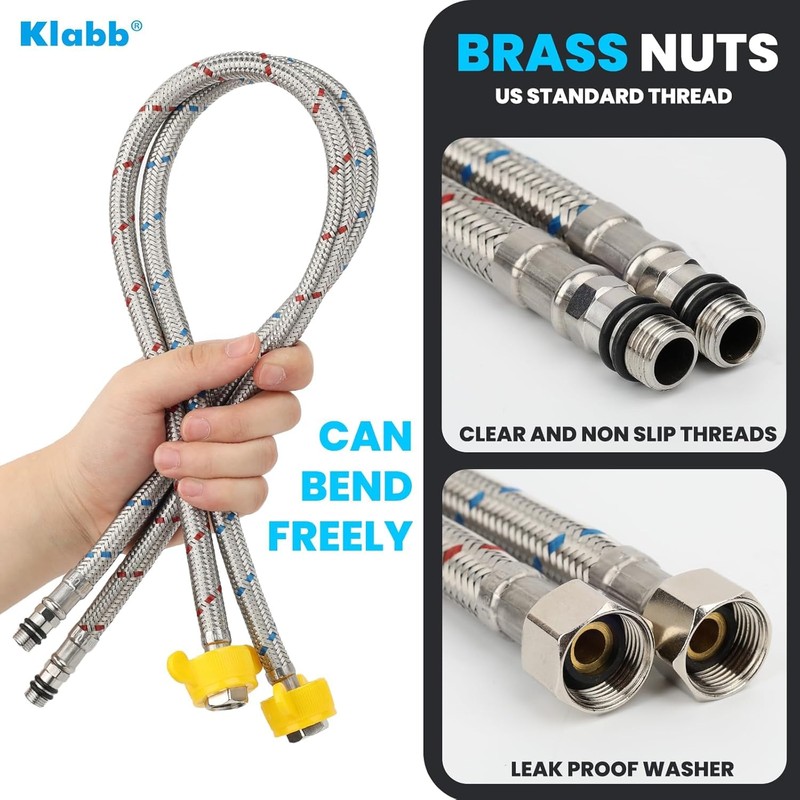 Klabb Sink Faucet Water Line Kit, 32" Flexible Braided Connector