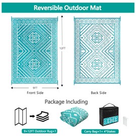 Outdoor Rug for Patio 9x12 Reversible Plastic Straw Mat Waterproof Outside Floor Carpet for RV Camping Porch Deck Pool Backyard Beach Trailer Tent Decor, Teal