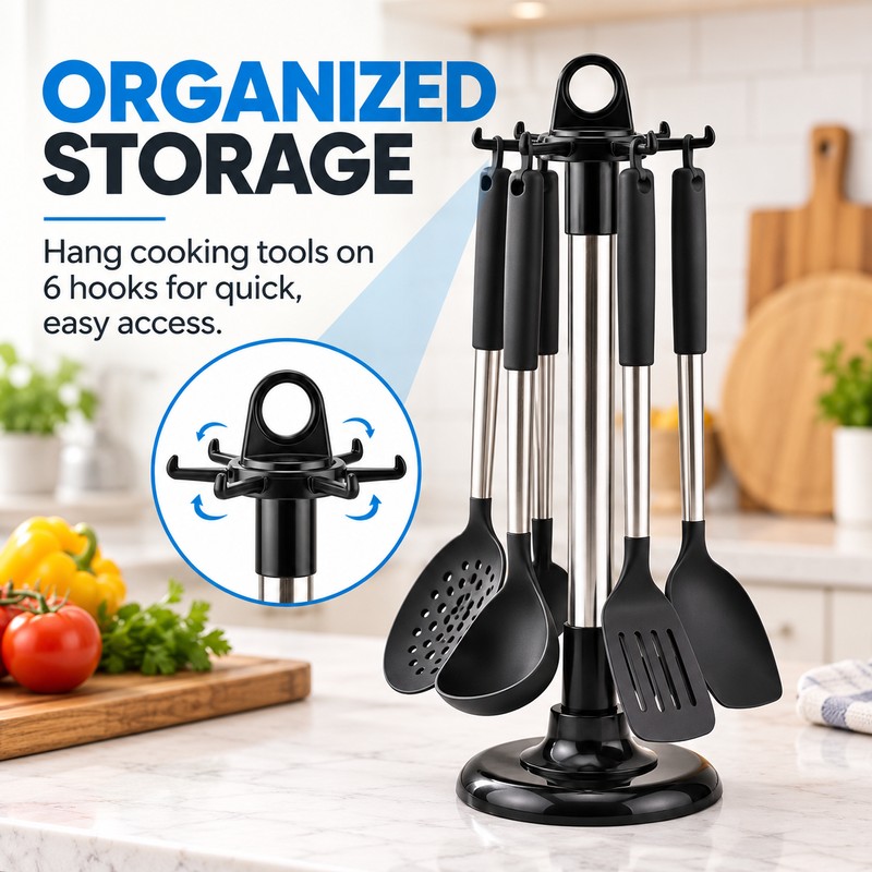 Stainless Steel Rotating Utensil Rack with 6 Hooks – 360°