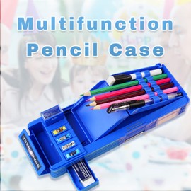 Ristpal Pop Up Multifunctional Pencil Case for Boys and Girls, Cute Cartoon Pattern Pencil Case with Pencil Sharpener, Whiteboard, Best Birthday Gift, blue, Plastic pencil box