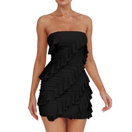 HOCILLE Women's Sexy Strapless Tube Top Bodycon Sleeveless Ruffle Mini Party Dress, Small, Black
