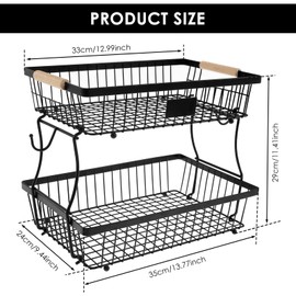 LSCSJUNS 2 Tiers Fruit Basket with Wood Handle Metal Fruit Bowl Countertop Vegetable Holder Rustproof Vegetable Basket with Banana Hook for Kitchens Veggies