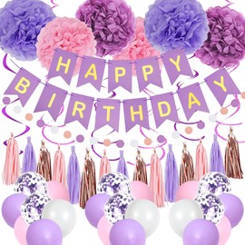 Purple Pink Birthday Party Decorations for Women Girls with Happy Birthday Banner,Hanging Swirls,Tissue Paper Pompoms,Circle Dots Garland,Tassel Garland Purple Birthday Balloons (Purple)