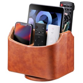 Lorteme Remote Control Holder, Spinning Desk Organizer, Nightstand Bedside Caddy for TV Remotes/Tablets/Phones/Eyeglasses/Books/Pens - Brown
