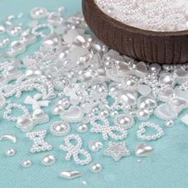 White Pearl Nail Art Charms - 3D Multi Shapes Nail Charms Flatback Pearls&White Mix Styles Heart Star Bow Flower Nail Decorations Pearl Full Cover Nail Rhinestone Nail Art Craft