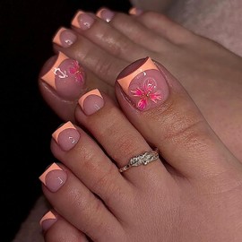 MISUD Summer Press on Toenails Glossy Fake Toe Nails Glue on Nails Orange French Tip Acrylic Toe Fake Nails Supplies Flower False Toenails Art with Design Full Cover Press-on Toe Nails DIY 24pcs