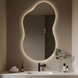 WallBeyond 46"x26" Asymmetrical LED Backlit Bathroom Mirror, Irregular Vanity Mirror with Lights for Modern Master Bathroom, Dimmable, Anti-Fog, Horizontal/Vertical Mount