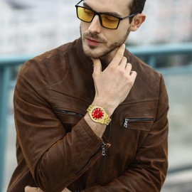 JewelryWe Men's Women's Watch with Rhinestone Roman Numerals Dial Metal Strap Quartz Analogue Watch Mother's Day Gold Silver, Gold/Red, Luxury