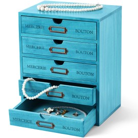 Wesiti Vintage Wooden Storage Box Desk Office Organizer Rustic Desk Storage Organizer Desktop Wooden Drawer Tool Small Library Card Catalog Cabinet for Jewelry Home(5 Drawers,Blue)