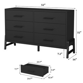 GarveeHome 6 Dresser for Bedroom, 52" Wide Drawer with Large Storage Space, Freestanding Wooden Closet Storage Dresser Chest for Living Room, Bedroom, Entryway, Black