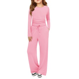 Haloumoning Girls 2 Piece Outfits Kids Ruched Long Sleeve Tops and Wide Leg Pants with Pockets Sweatsuit Clothing Sets