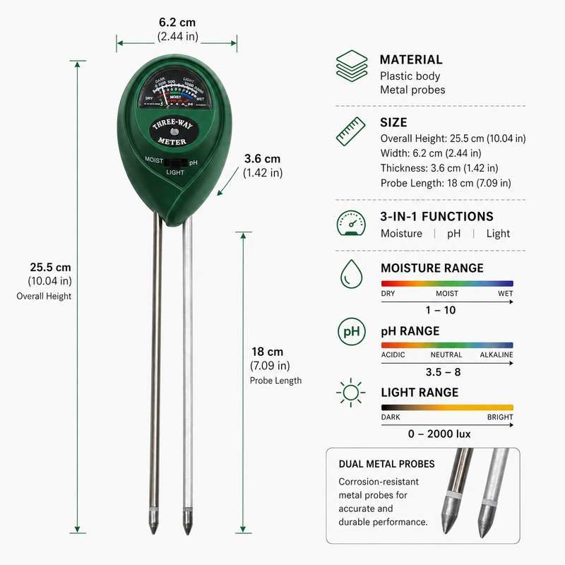 3-in-1 Soil pH Meter for Garden Plants – Moisture, Light
