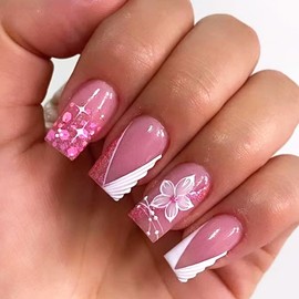 24Pcs Pink Flower Press on Nails Medium Square Fake Nails Peach Blossom Sequins False Nails Early Spring Glue on Nails Gorgeous Flowers Stick on Nails Acrylic Nails for Coquette Women Girls