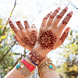 Henna Tattoo 12 Sheets Temporary Tattoos Adult Women and Teen Girl, Brown Red Mehndi Tattoo Prints Style, Waterproof Realistic Fake Tattoos for Wedding Beach Rave Festival Party Makeup Body Paint etc