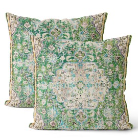 Boho Pillow Covers 18x18 Set of 2, Carpet Pattern Green Decorative Throw Pillows Farmhouse Bohemian Cushion Pillow Covers for Sofa Couch Outdoor Decor