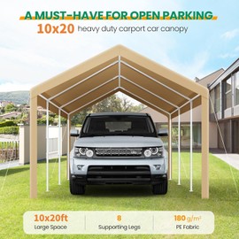 COBIZI Carports 10x20 Heavy Duty Car Tent Garage, Galvanized Frame Car Canopy Outdoor Shelter Waterproof & UV Protected with Windproof Ropes & Built-in Sandbags for Car Truck Boat, Khaki
