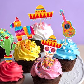 40pcs Fiesta Cupcake Toppers Mexican Theme Party Decorations | Cactus Donkey Taco Pepper Sombrero Mustache Party Decorations