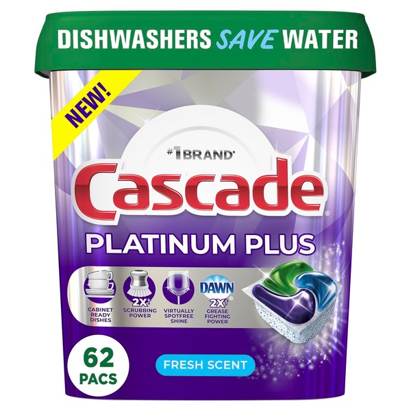 Cascade Platinum Plus ActionPacs Dishwasher Detergent Pods, Fresh, 62 Count