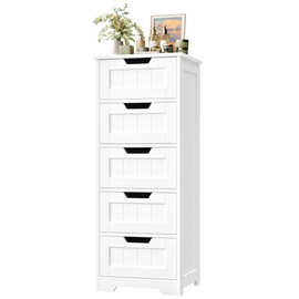 FOTOSOK Bathroom Cabinet, Bathroom Storage Cabinet with 5 Drawers, Wooden Storage Cabinets with Cut-Out Handles, 11.8” x 15.7” x 40.1” Bathrooms Floor Cabinets for Hallway/Living Room, White