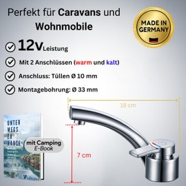 Comet FLORENZ Tap 12 V Single Lever Mixer Tap Compact Chrome Folding Spout Micro Switch Lightweight Design Camping Tap Caravan 12 V Motorhome Caravan Boat Camper