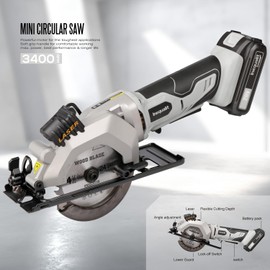 Inequalit Cordless Mini Circular Saw, 4-1/2 Inch 3400 RPM Circular Saw with Laser Guide, Rip Guides, 2 Blades (24T Wood + 60T Metal), Max Cutting Depth 1-11/16" (90°), 1-1/8" (45°)"