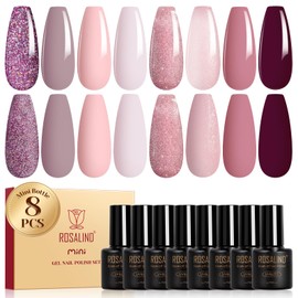 ROSALIND Pink Purple Gel Nail Polish Set, 8 Colors Pink Glitter Gray Gel Polish, Gentle Pink Elegant Purple Classic Gel Polish Collection Nail Art Gift DIY at Home