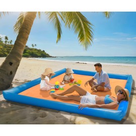 ROMIVO Beach Blanket Sandproof, 79"×83" Large Beach Mat with 6" Inflatable Pillow Walls, Beach mats sandproof Waterproof, Beach Blanket Oversized Portable Outdoor Playpen with Side Walls for Family