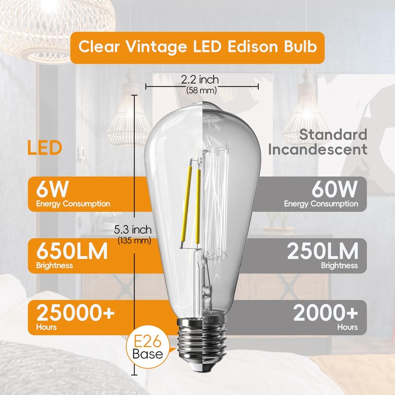 Jensense Edison Bulbs 6W E26 LED Bulb 60 Watt Equivalent,