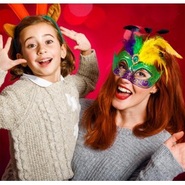 MYSEUNI 2025 Mardi Gras Masks for Women with Feathers- Womens Mascarade Venetian Mask for Masquerade Party