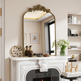 VooBang Vintage Arched Wall Mirror, 26x38 inch Retro Arch Bathroom Mirror, Carve Pattern Top Wall Mounted Vanity Mirror with Metal Frame, Bathroom Mirror Hanging or Leaning, Antique