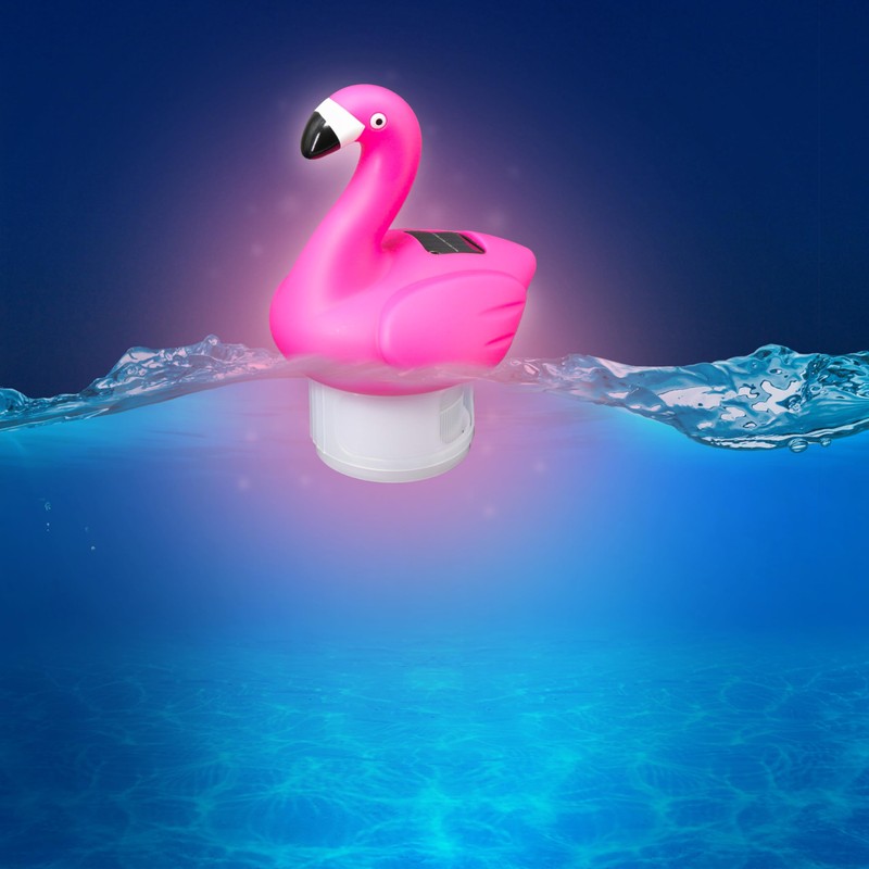 Pink Flamingo Solar Floating Chlorine Tablet Dispenser for Pools, Lights