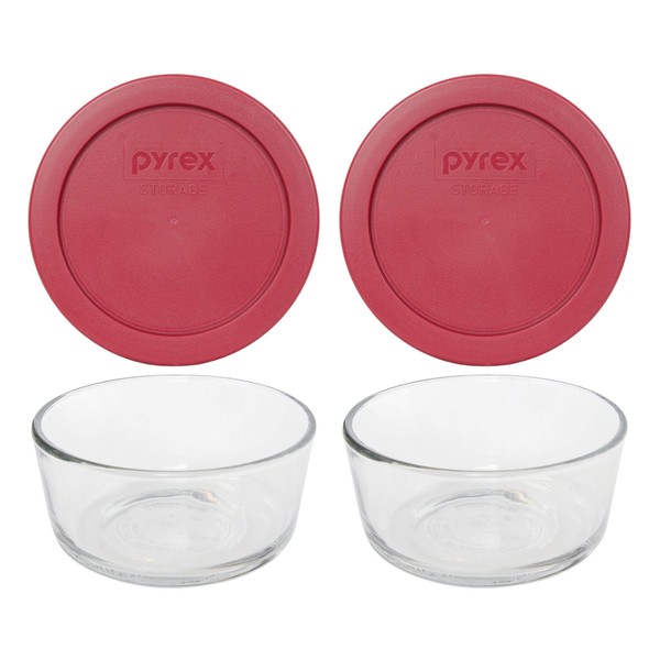 Pyrex (2 7200 2 cup Glass Dishes & (2) 7200-PC 2 Cup Berry Red Lids Made in the USA