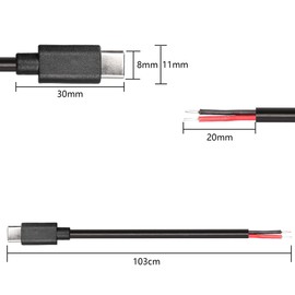 USB Type-C Pigtail Cable Extension Power Cable 22AWG 5V 3A USB-C Plug to 2 Pin Bare Wire Open End Connector for DIY - 1M/3.2FT 5PCS (Type C Male)