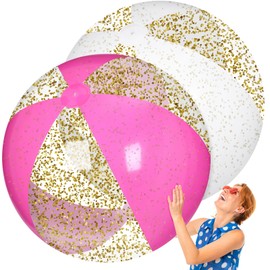 Realspring 2 Pcs 48'' Giant Beach Balls for Swimming Pool 4 Ft Jumbo Glitter Confetti Inflatable PVC Pool Balls Large Summer Blow up Beach Toys for Adults Summer Outdoor Party Favor(Pink White)