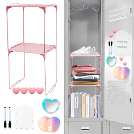 Stranthother 11Pcs Locker Accessories Kit Locker Organizer with Mesh Locker Shelf Heart Magnetic Marker Holder & Locker Mirror,Whiteboard Markers Pink Locker Kit Back to School Essential Locker Set