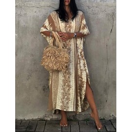 Bsubseach Vestido Kartan Suelto de Playa Traje de Baño con Mangas de Murciélago para Mujer Cubre Bikini Marrón