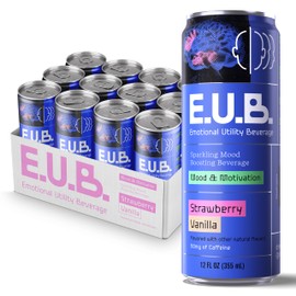 E.U.B. Strawberry Vanilla Sparkling Functional Beverage, 12oz Can, 50mg Caffeine, 25 Calories, with Nootropics & Adaptogens for Mood & Energy Support