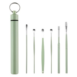Earpick (6 Carefully Selected) Stainless Steel Mikaki, Various Tip Shapes (Spiral Type, Spoon Type, Spring Type, Various Specifications and Shapes), Washable, Clean, Dedicated Storage Box (Green)